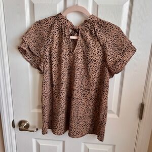 Pleione Ruffle Sleeve Blouse Animal Print Tie Keyhole Top‎ Casual Cute Small